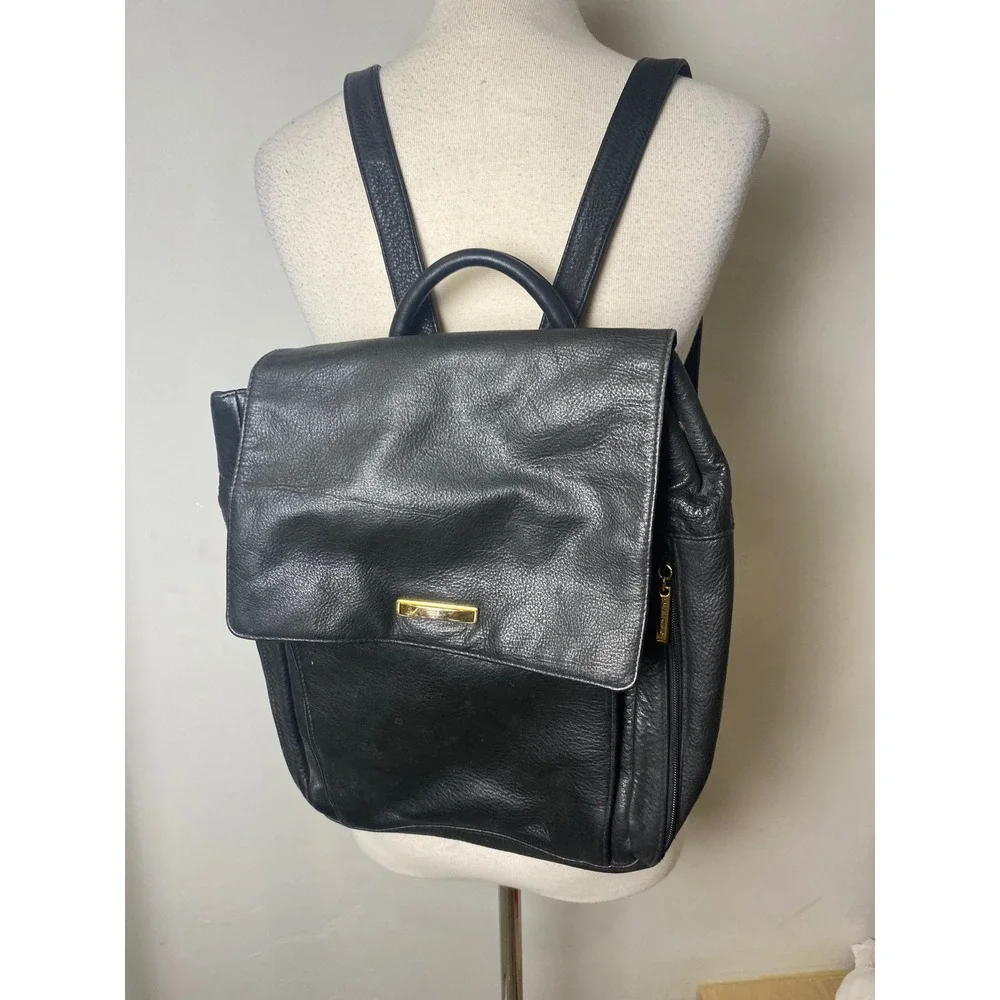 Valerie Stevens Black Leather Backpack Gold Hardware Flap Closure Handbag